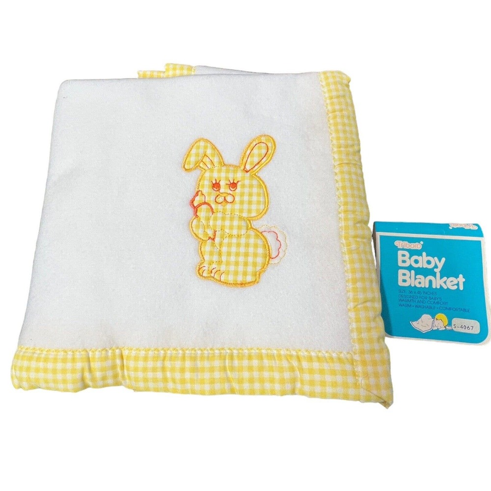 Vintage New Triboro Baby Colorful Yellow White Gingham Bunny Blanket